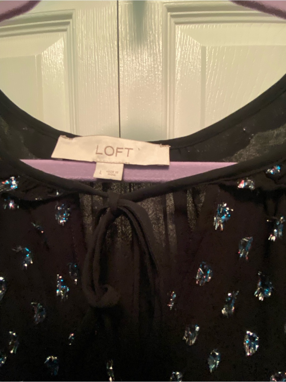 LOFT  Black Peasant Long Sleeve Blouse with metallic color dots Size Large - Picture 2 of 11